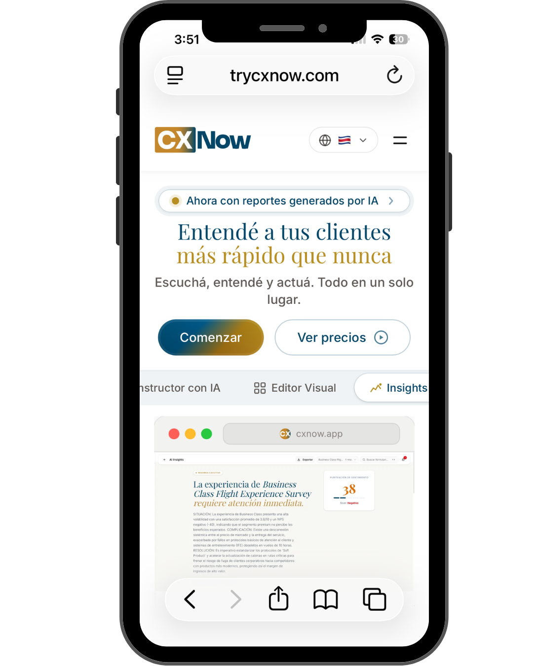 CX Now on mobile showing the trycxnow.com landing page with the headline "Understand your customers faster than ever" and AI-generated reports.